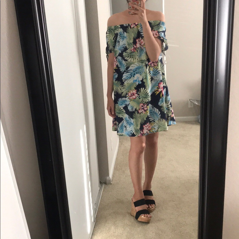 Tropical print off shoulder dress